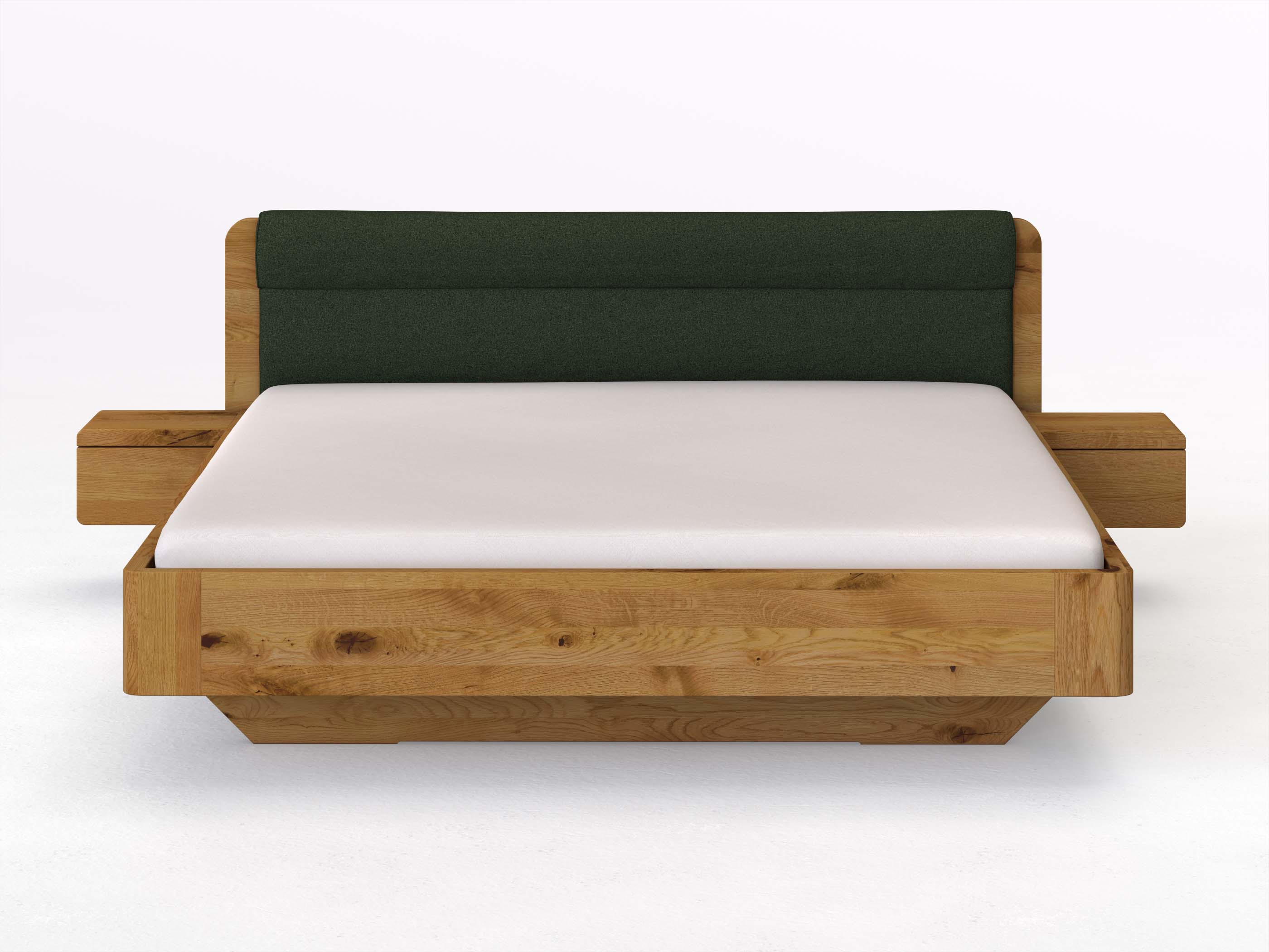 Wildeichenbett „Clara“ in 180 x 200 cm mit 2 Nachttischen - Griff: Grifflos und Stoffkopfteil - Stoff: Schafschurwolle „Loden“ in der Farbe Tannenwald