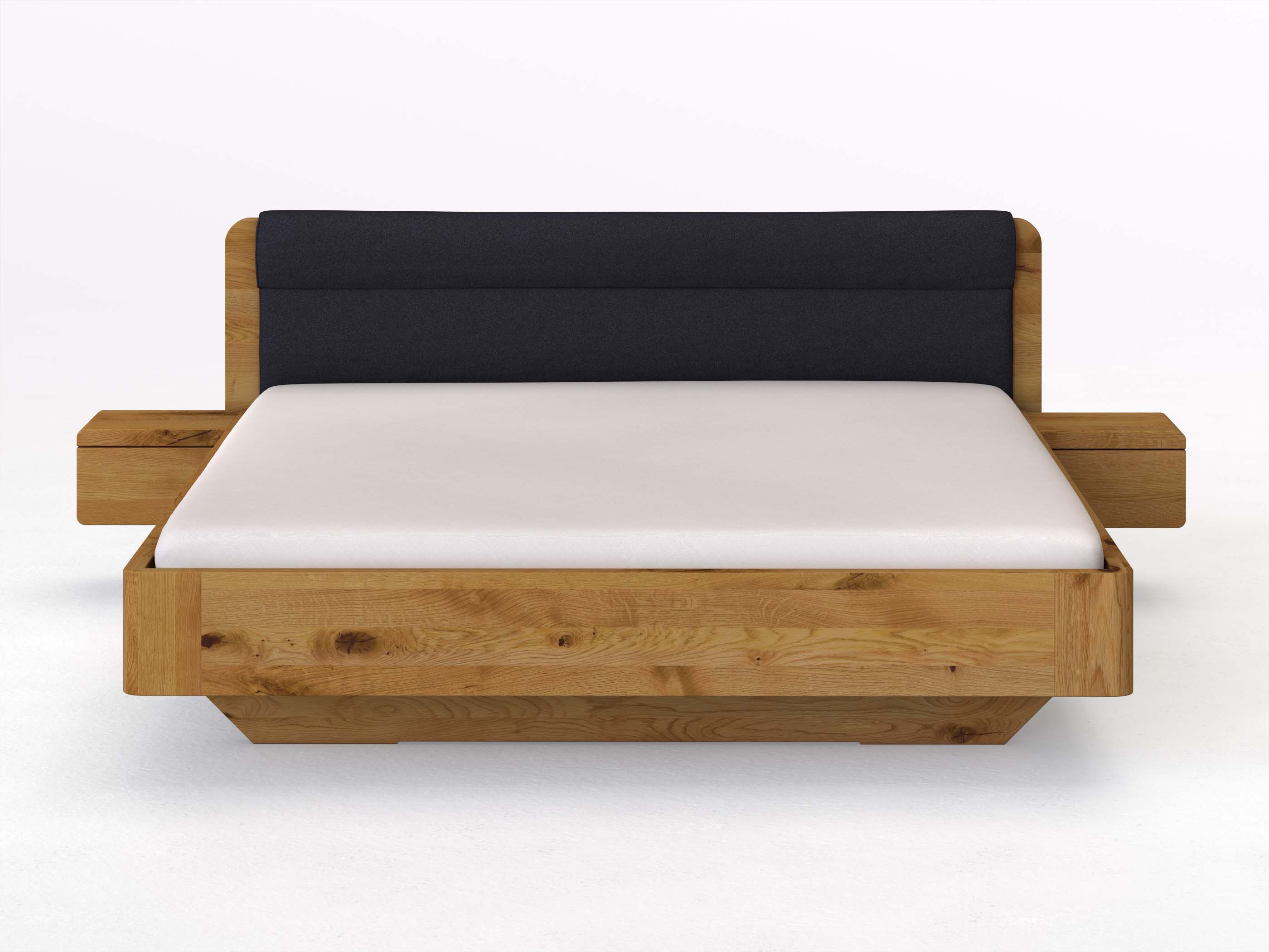 Wildeichenbett „Clara“ in 180 x 200 cm mit 2 Nachttischen - Griff: Grifflos und Stoffkopfteil - Stoff: Schafschurwolle „Loden“ in der Farbe Nachtblau