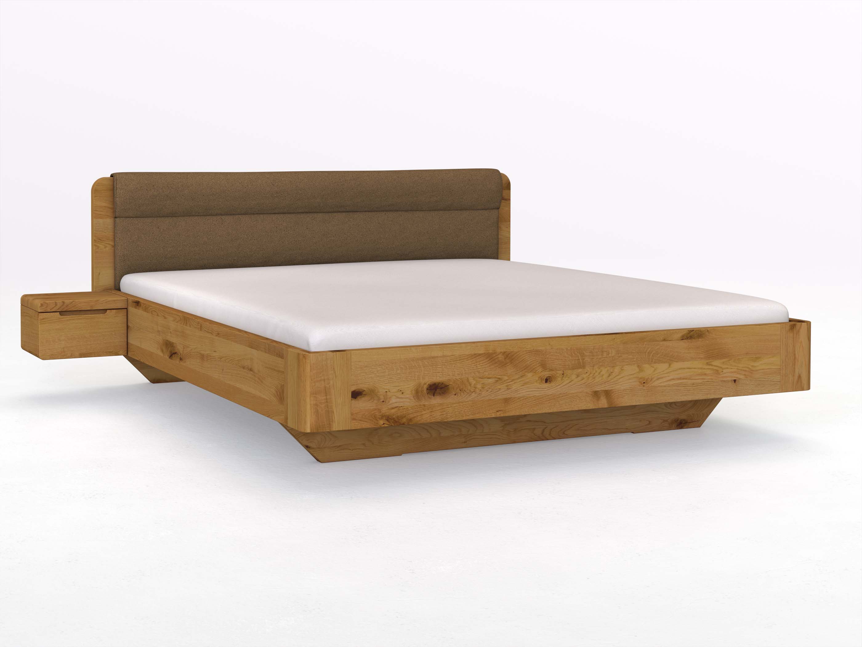 Wildeichenbett „Clara“ in 180 x 200 cm mit 2 Nachttischen - Griff: Griffleiste B und Stoffkopfteil - Stoff: Schafschurwolle „Loden“ in der Farbe Zimtrinde