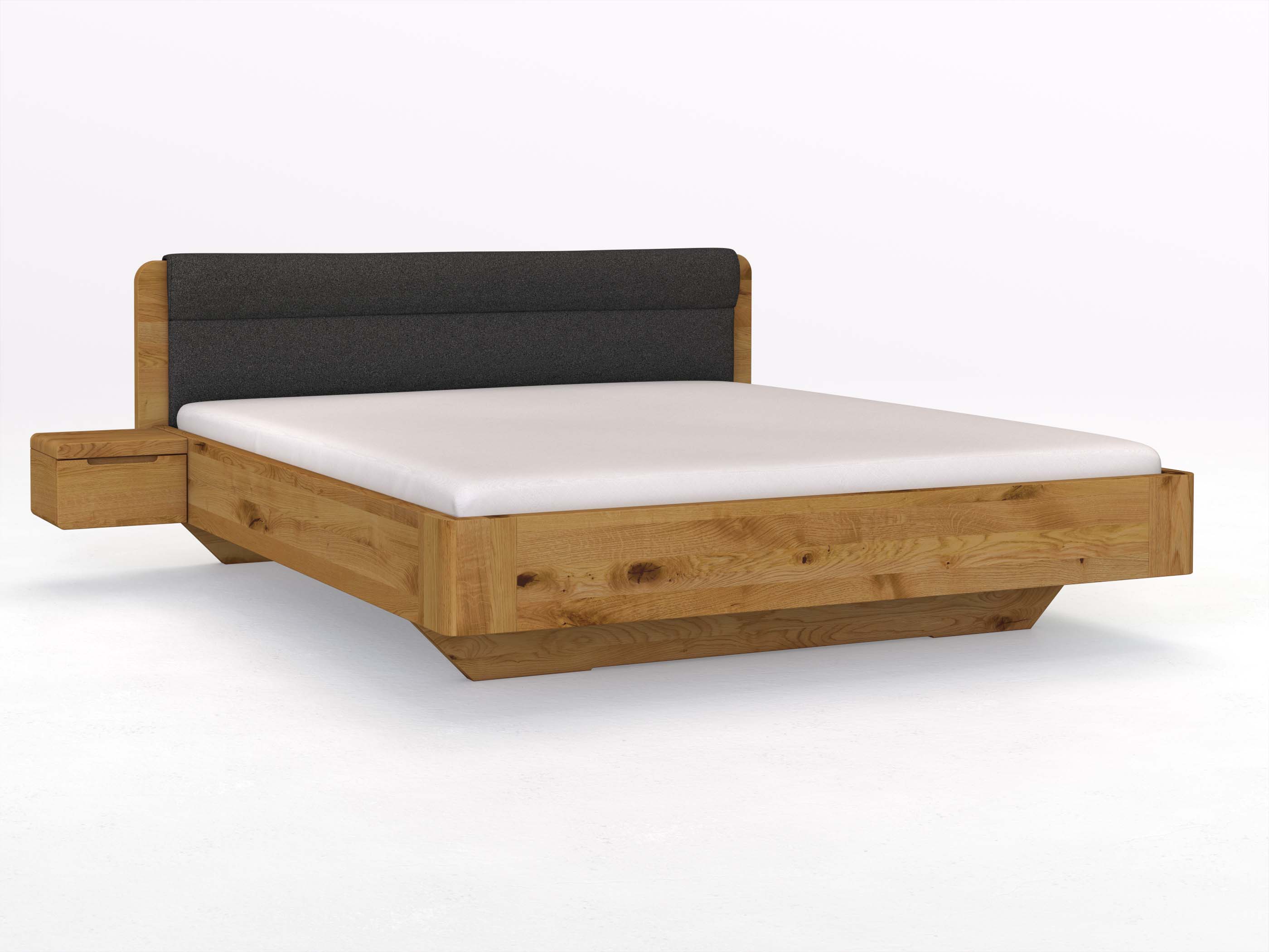 Wildeichenbett „Clara“ in 180 x 200 cm mit 2 Nachttischen - Griff: Griffleiste B und Stoffkopfteil - Stoff: Schafschurwolle „Loden“ in der Farbe Anthrazit