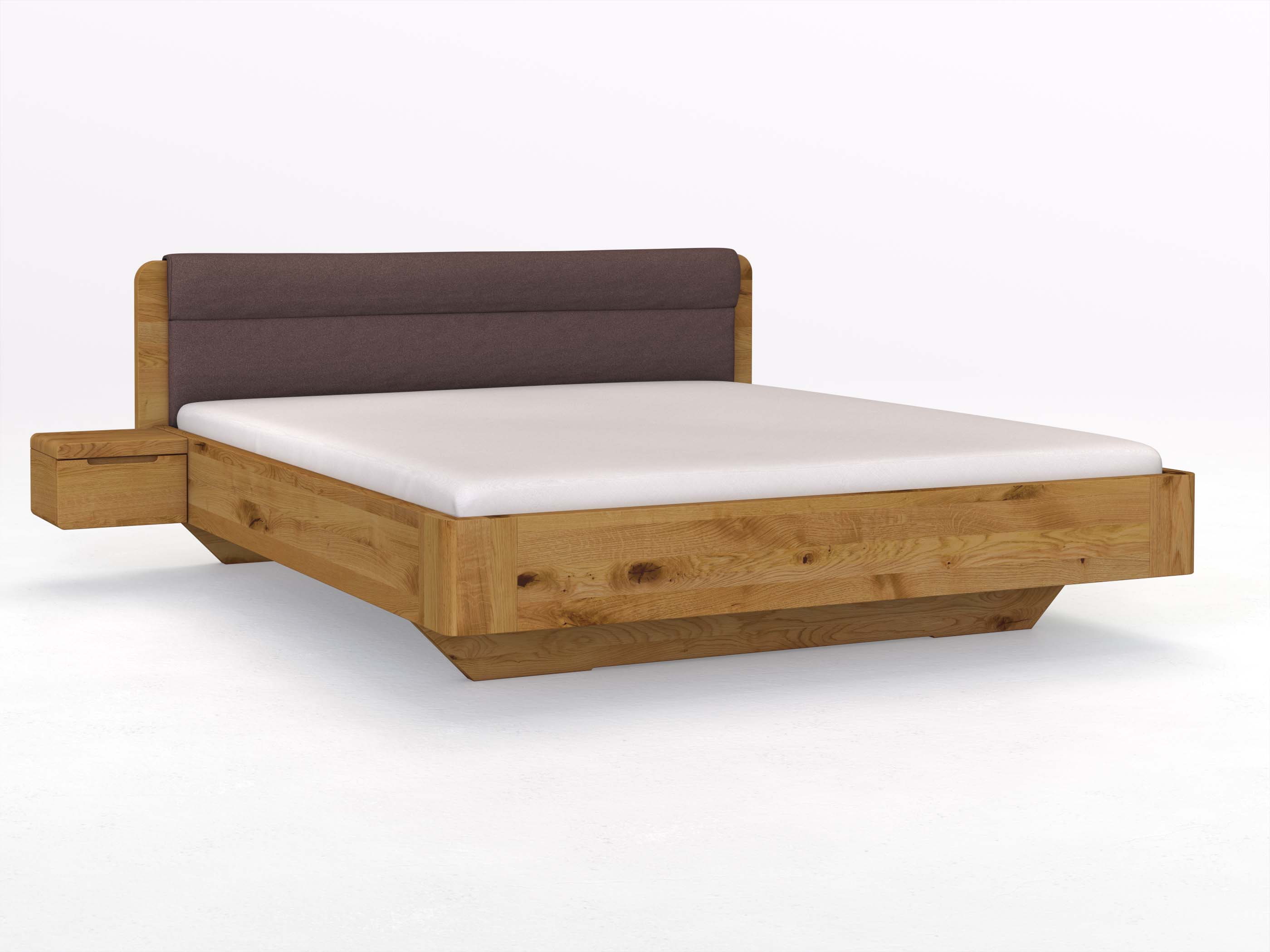 Wildeichenbett „Clara“ in 180 x 200 cm mit 2 Nachttischen - Griff: Griffleiste B und Stoffkopfteil - Stoff: Schafschurwolle „Loden“ in der Farbe Abenddämmerung