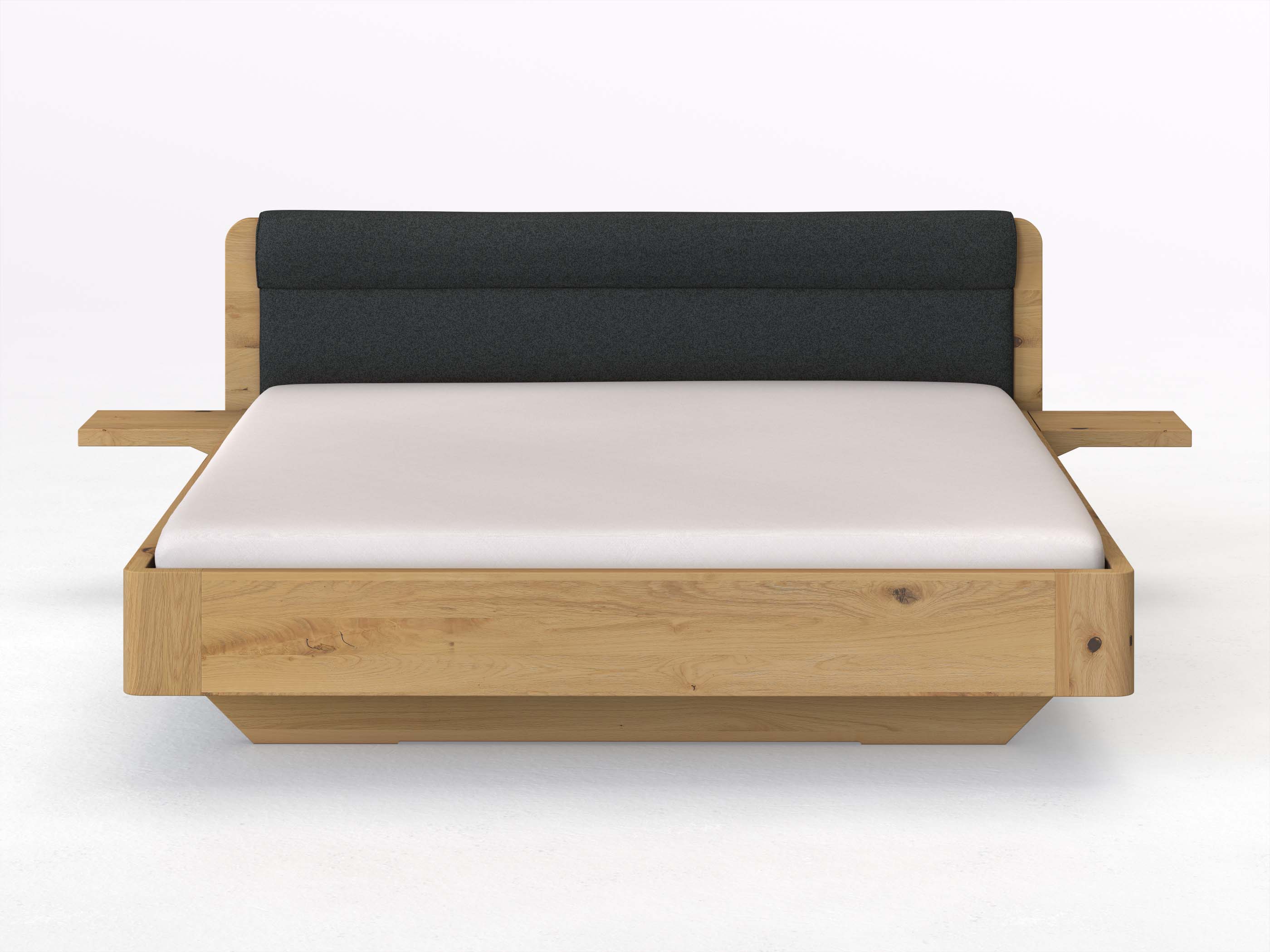 Wildeichenbett Hell „Clara“ in 180 x 200 cm mit 2 Ablagen und Stoffkopfteil - Stoff: Schafschurwolle „Fischgrät“ in der Farbe Wacholderbeere