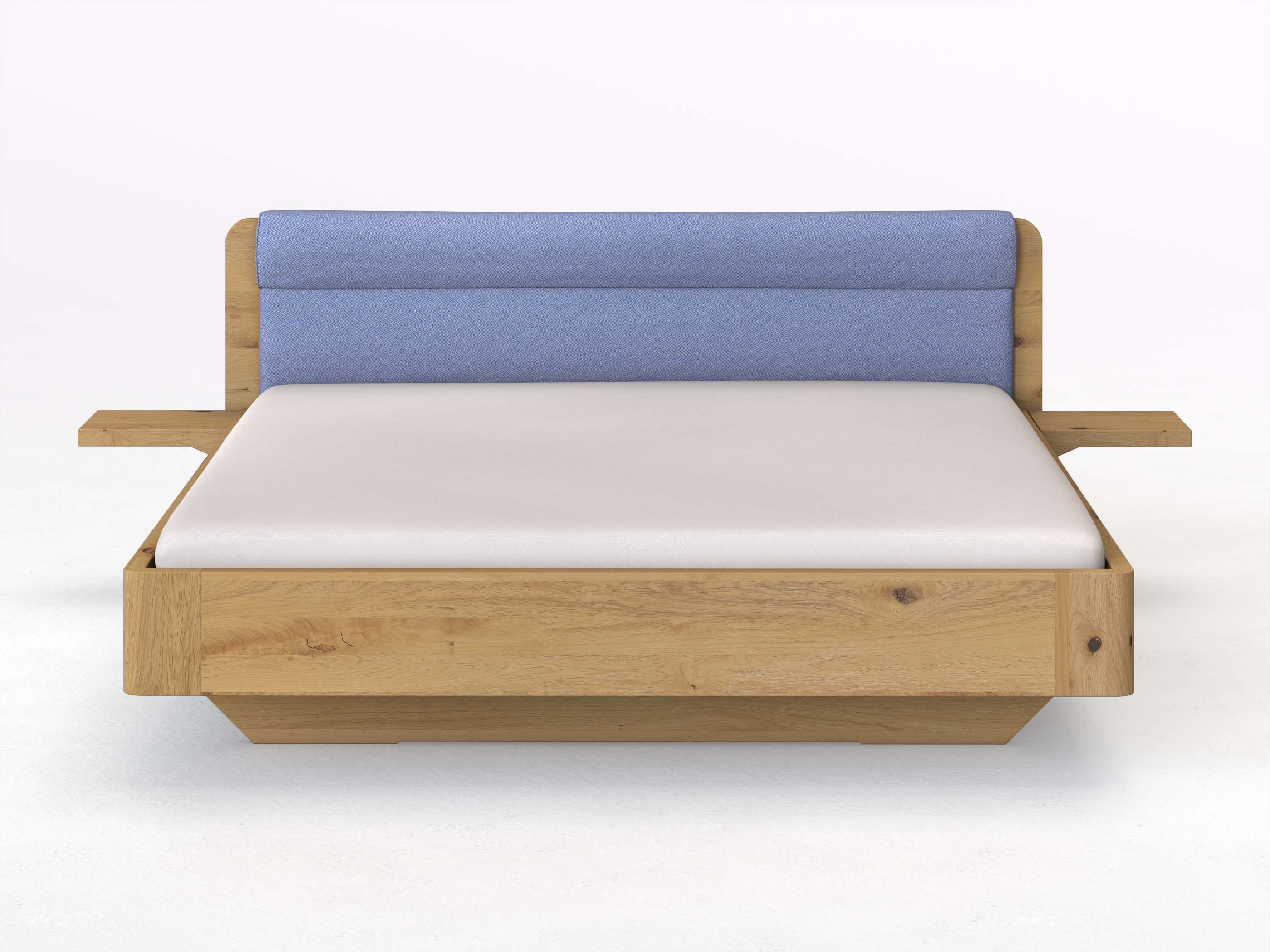 Wildeichenbett Hell „Clara“ in 180 x 200 cm mit 2 Ablagen und Stoffkopfteil - Stoff: Schafschurwolle „Fischgrät“ in der Farbe Kornblume