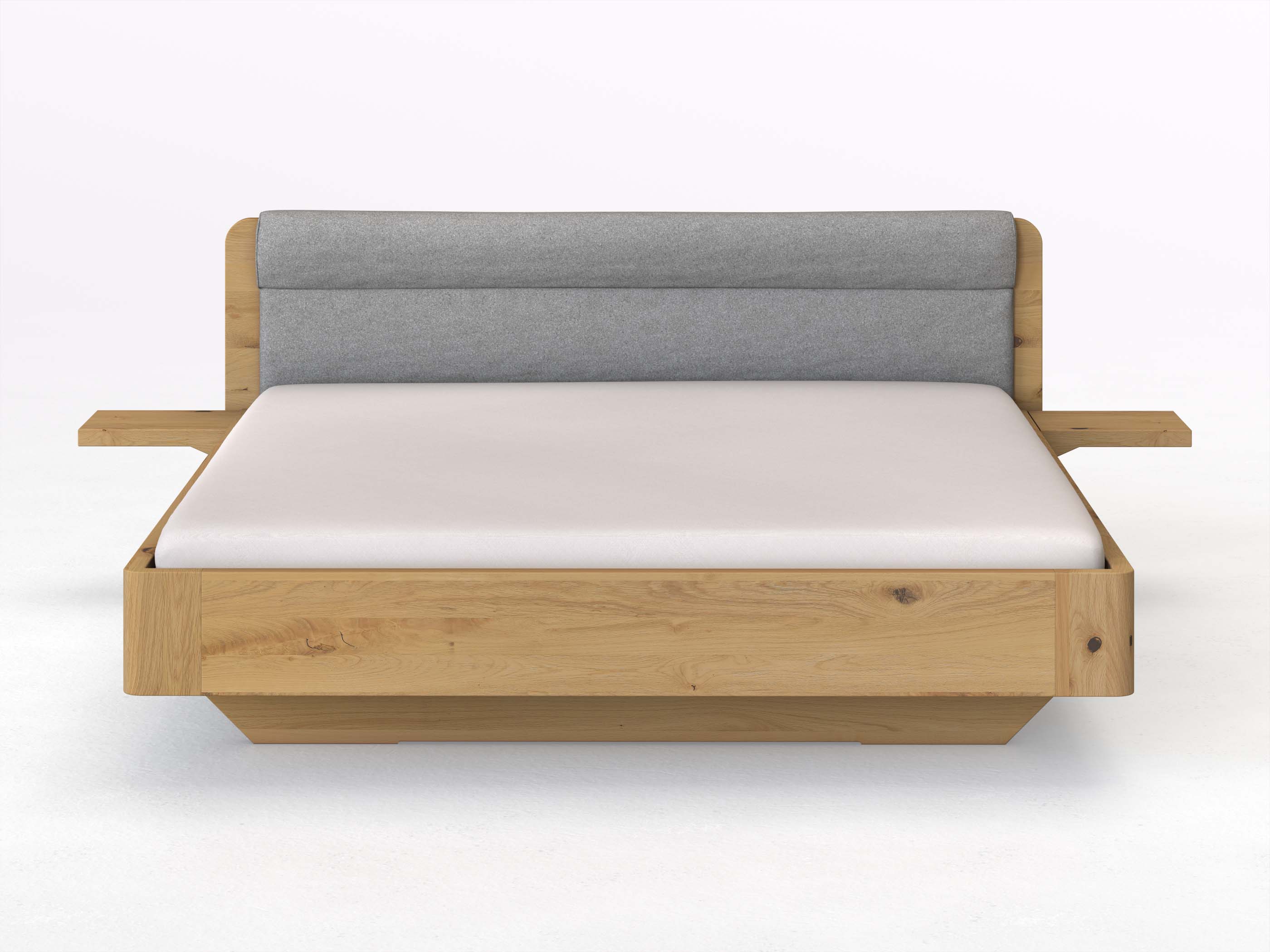 Wildeichenbett Hell „Clara“ in 180 x 200 cm mit 2 Ablagen und Stoffkopfteil - Stoff: Schafschurwolle „Loden“ in der Farbe Nebelgrau