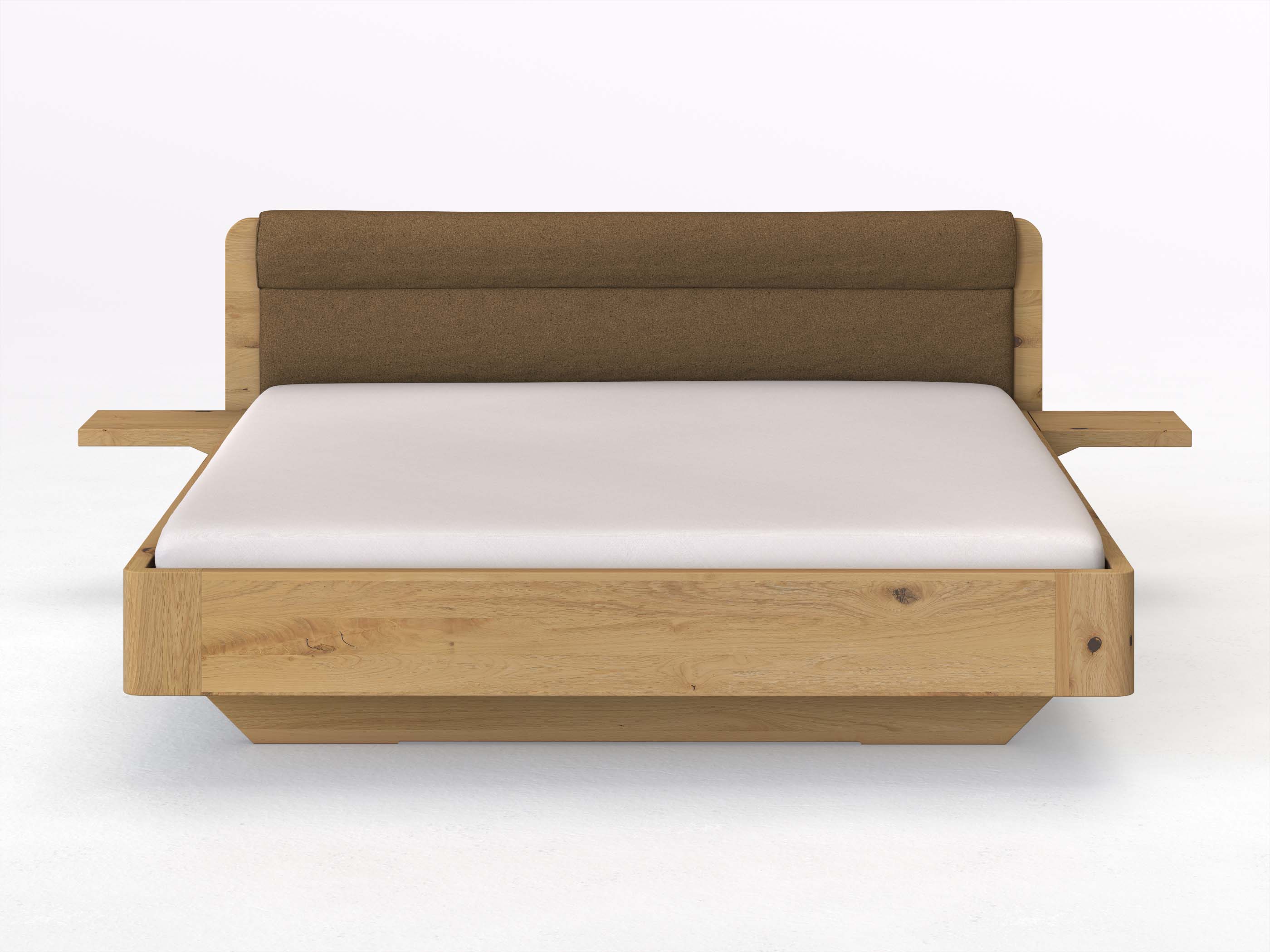Wildeichenbett Hell „Clara“ in 180 x 200 cm mit 2 Ablagen und Stoffkopfteil - Stoff: Schafschurwolle „Loden“ in der Farbe Zimtrinde
