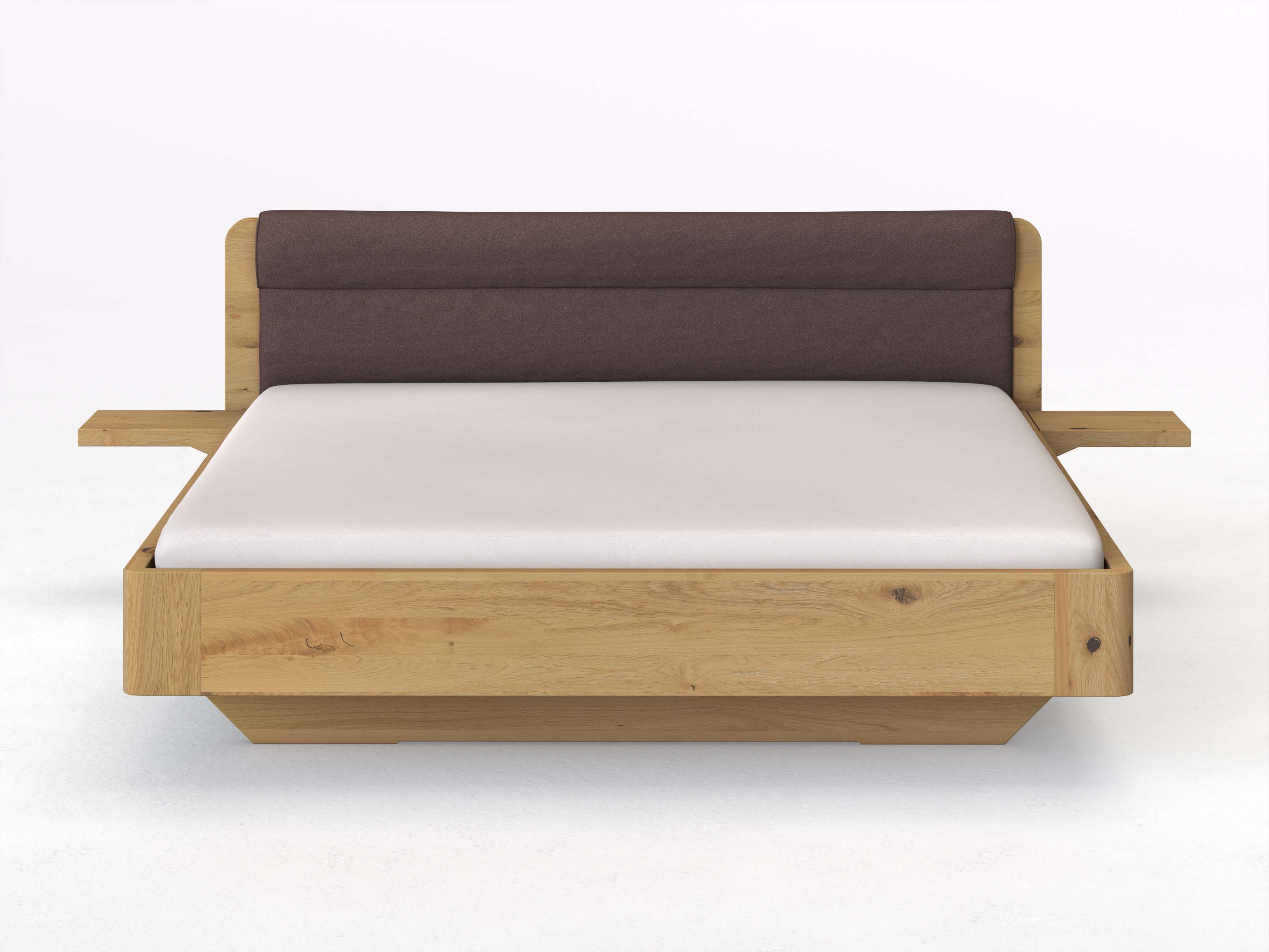 Wildeichenbett Hell „Clara“ in 180 x 200 cm mit 2 Ablagen und Stoffkopfteil - Stoff: Schafschurwolle „Loden“ in der Farbe Abenddämmerung