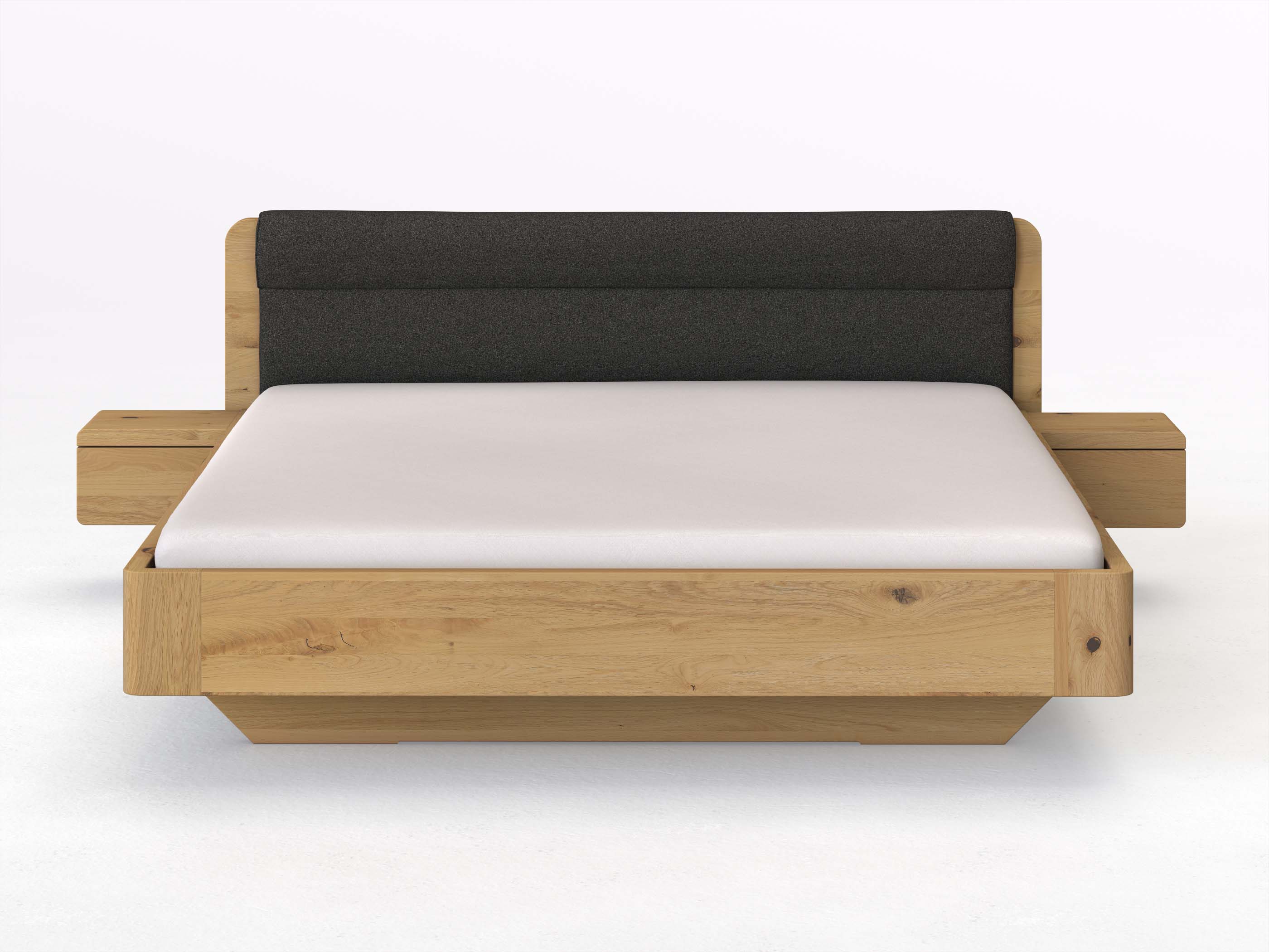 Wildeichenbett Hell „Clara“ in 180 x 200 cm mit 2 Nachttischen - Griff: Grifflos und Stoffkopfteil - Stoff: Schafschurwolle „Loden“ in der Farbe Anthrazit