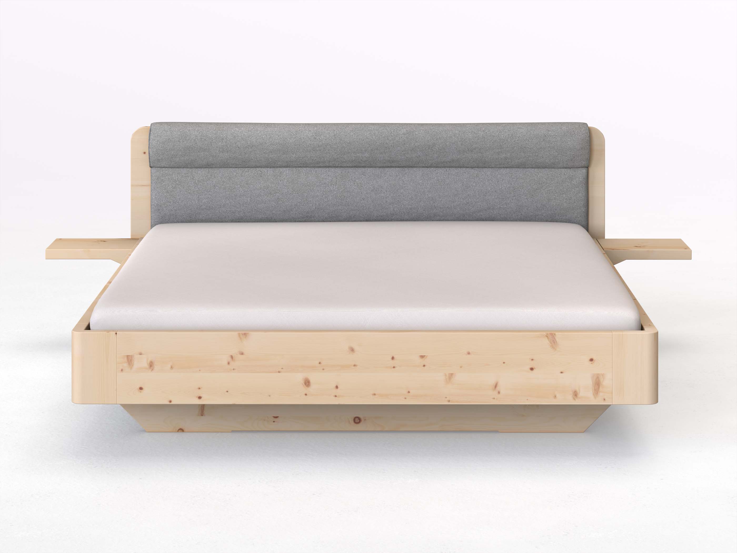 Zirbenbett „Clara“ in 180 x 200 cm mit 2 Ablagen und Stoffkopfteil - Stoff: Schafschurwolle „Loden“ in der Farbe Nebelgrau