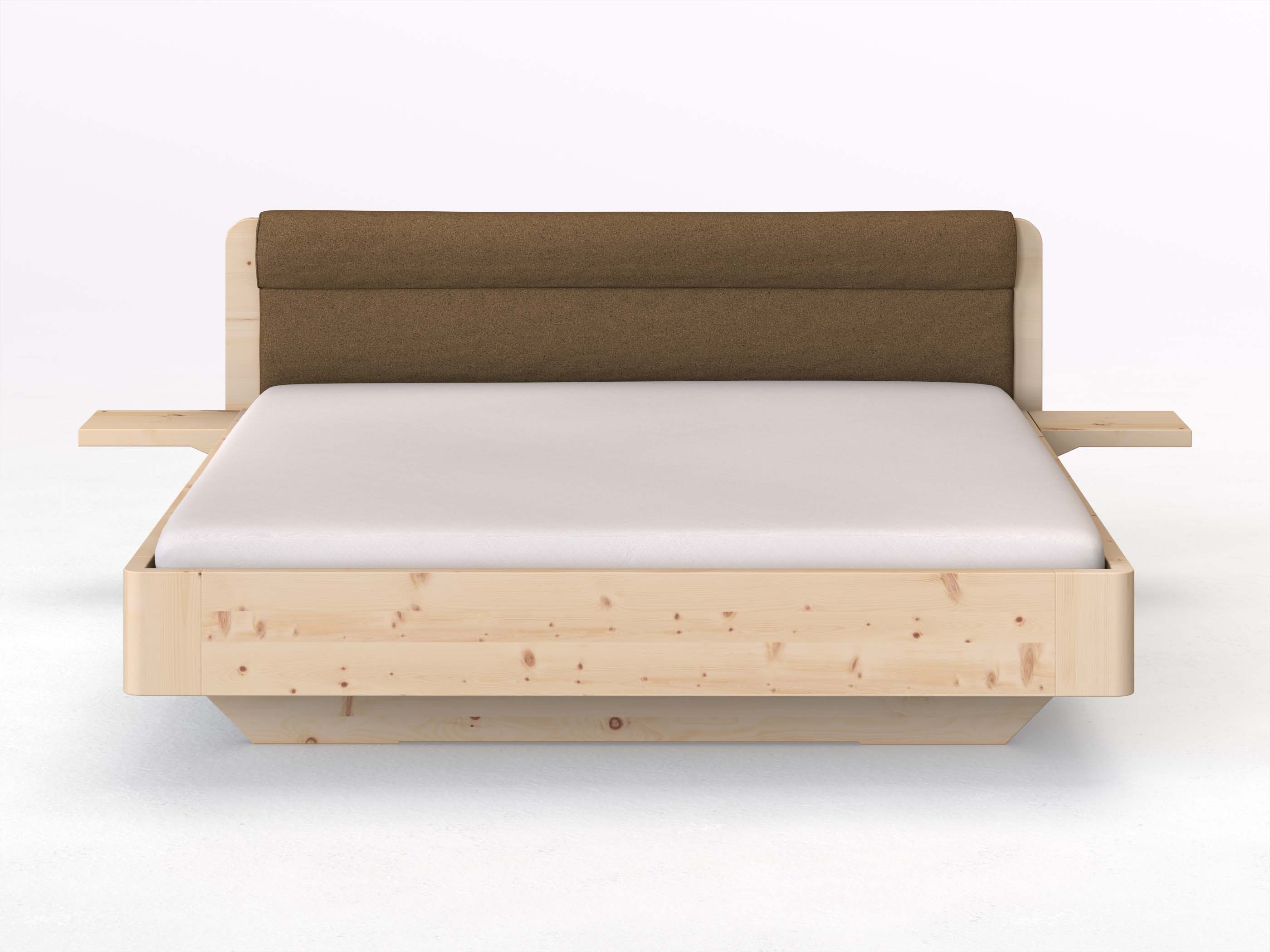 Zirbenbett „Clara“ in 180 x 200 cm mit 2 Ablagen und Stoffkopfteil - Stoff: Schafschurwolle „Loden“ in der Farbe Zimtrinde