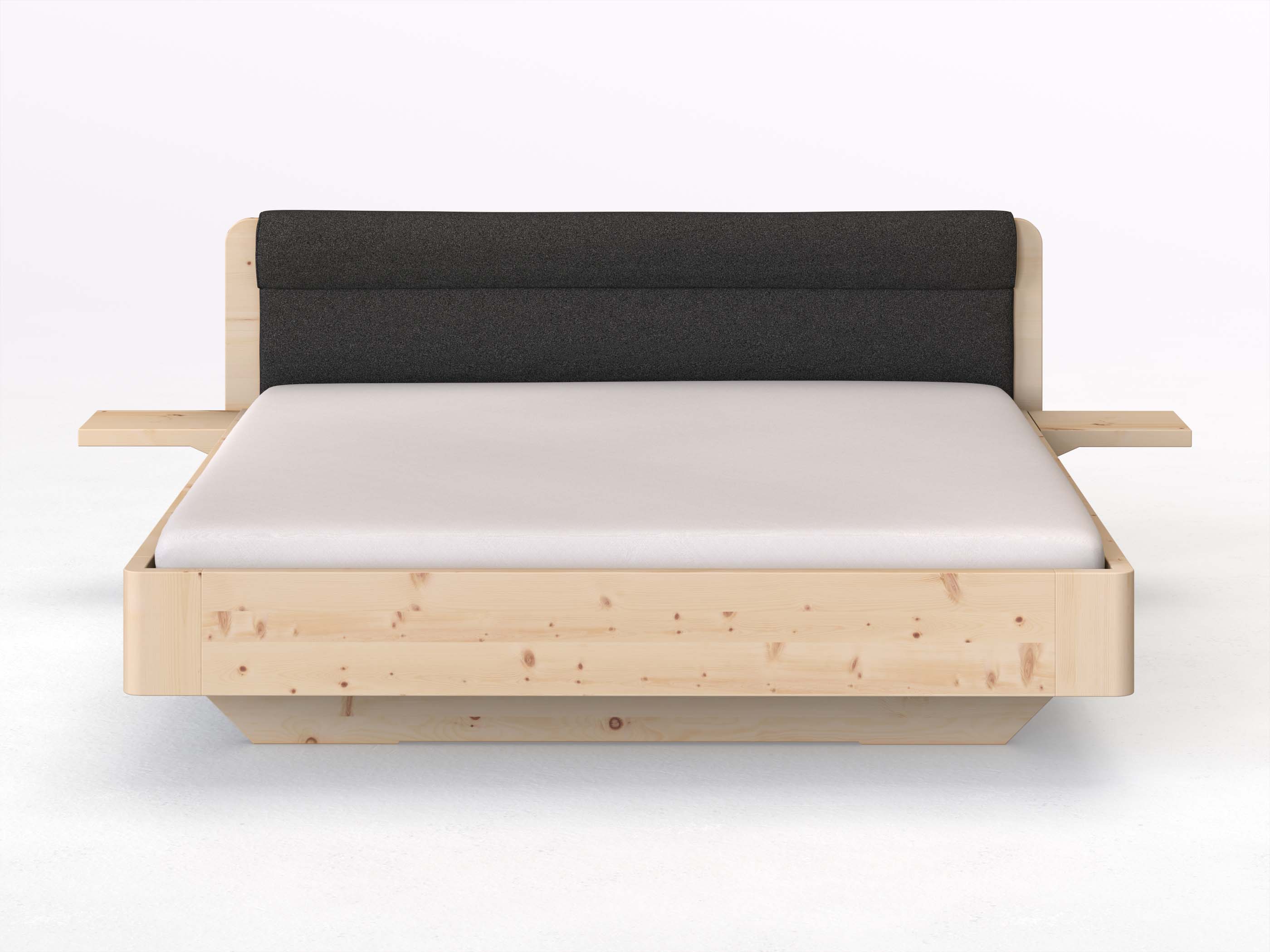 Zirbenbett „Clara“ in 180 x 200 cm mit 2 Ablagen und Stoffkopfteil - Stoff: Schafschurwolle „Loden“ in der Farbe Anthrazit