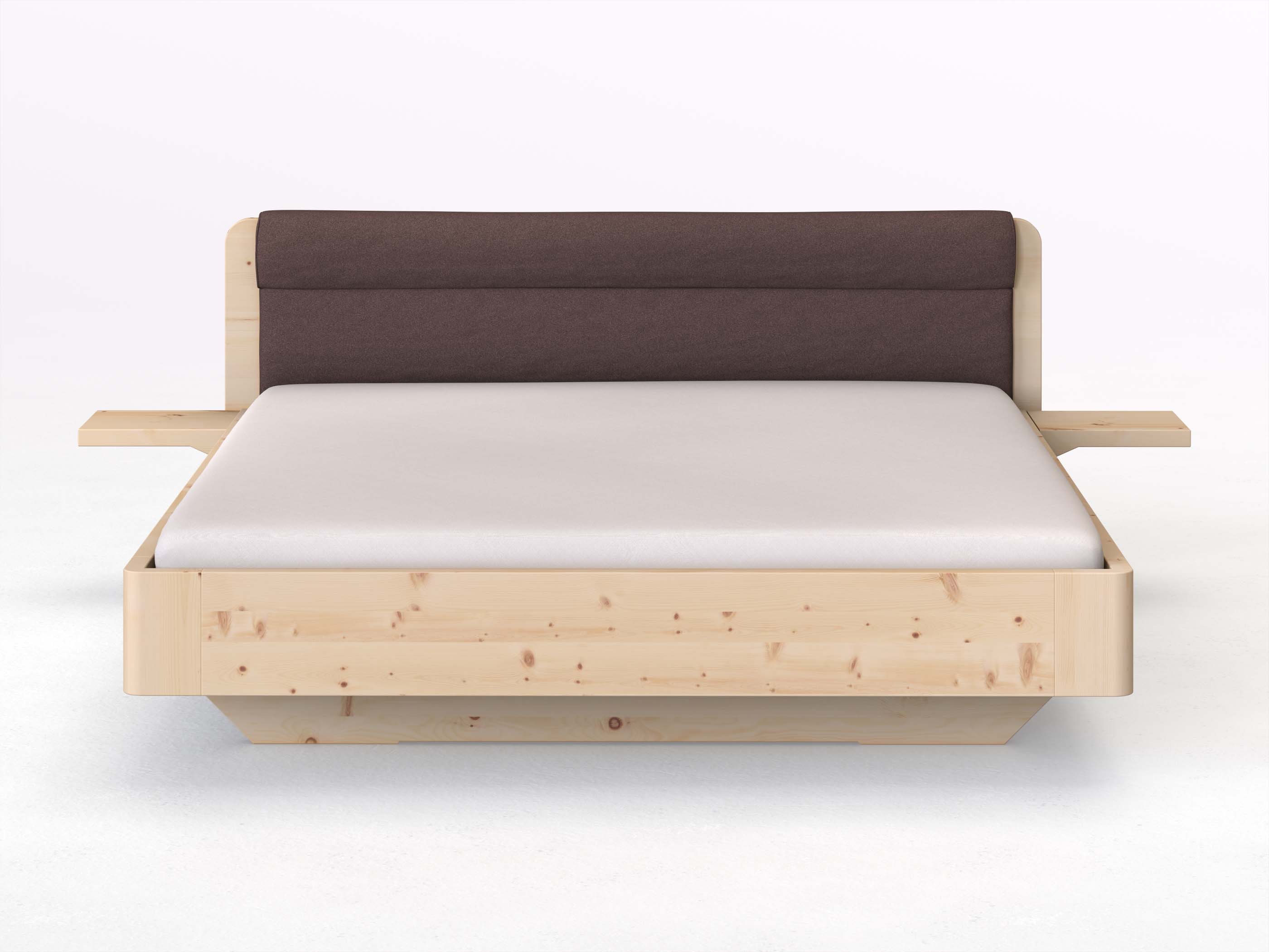 Zirbenbett „Clara“ in 180 x 200 cm mit 2 Ablagen und Stoffkopfteil - Stoff: Schafschurwolle „Loden“ in der Farbe Abenddämmerung