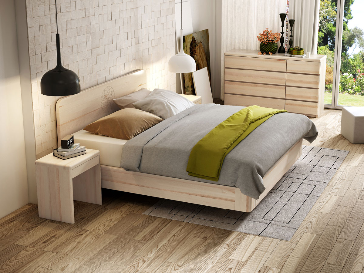 Schlafzimmer mit Eschenbett "Clara" Boxspring mit Gravur 180 x 200 cm