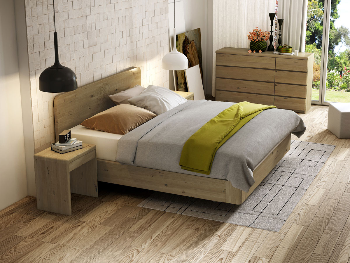 Schlafzimmer mit Wildeichenbett "Clara" Boxspring mit Gravur 180 x 200 cm