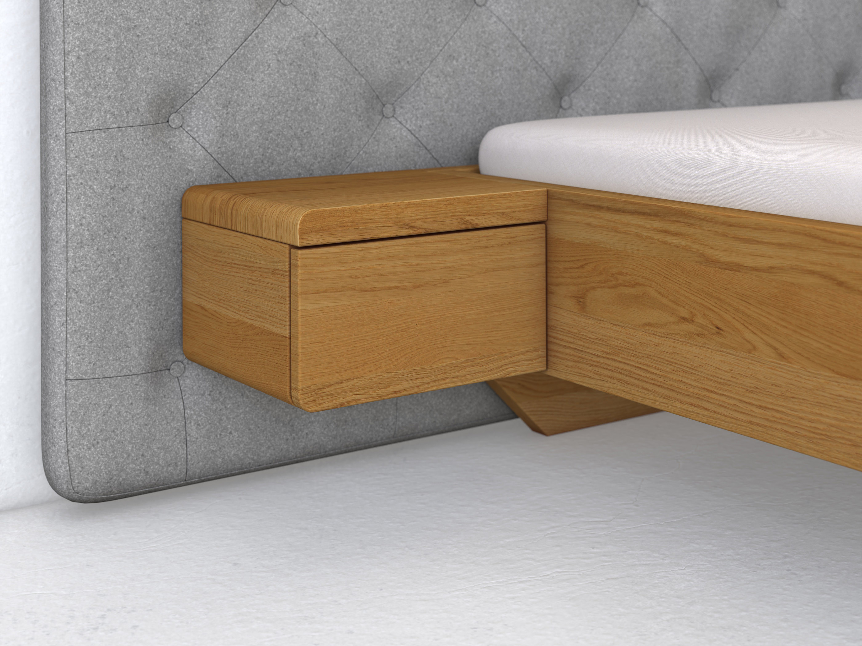 Eichenbett „Clarissa" mit Nachtisch, Griff: grifflos