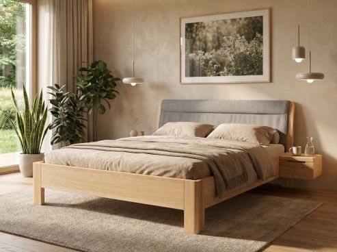 Eschenbett „Cloe“ in 180 x 200 cm mit 2 Nachttischen mit Griffleiste B und Stoffkopfteil - Stoff: Schafschurwolle „Loden“ in der Farbe Anthrazit