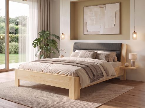 Eschenbett „Cloe“ in 180 x 200 cm mit 2 Nachttischen mit Griffleiste B und Stoffkopfteil - Stoff: Schafschurwolle „Loden“ in der Farbe Anthrazit