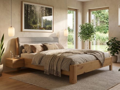Wildeichenbett Hell „Alessia“ in 180 x 200 cm mit 2 Nachttischen und Stoff:  „Loden“ in Nebelgrau