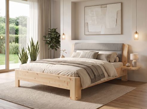 Zirbenbett „Cloe“ in 180 x 200 cm mit 2 Nachttischen - Griff: Griffleiste B und Stoffkopfteil - Stoff: Schafschurwolle „Loden“ in der Farbe Nebelgrau