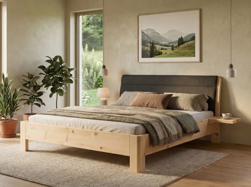 Zirbenbett „Cloe“ in 180 x 200 cm mit 2 Nachttischen - Griff: Griffleiste B und Stoffkopfteil - Stoff: Schafschurwolle „Loden“ in der Farbe Nebelgrau