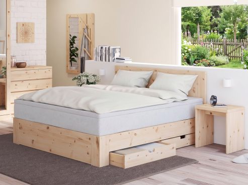 Zirbenholzbett „Alois" Boxspring in 180 x 200 cm mit zwei Unterbettkommoden (2 x 91 cm) rechts
