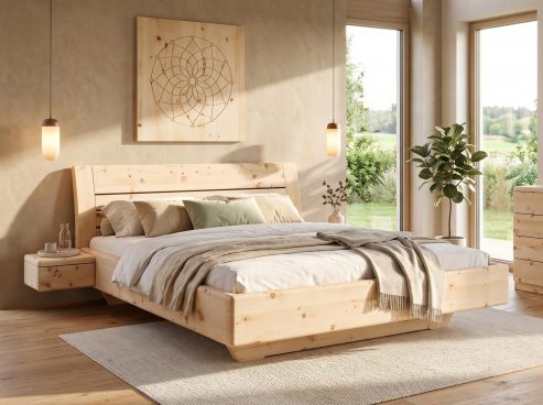 Zirbenholzbett „Belinda“ in 180 x 200 cm mit zwei Nachttischen Griff: Grifflos