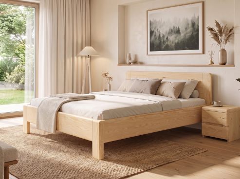 Eschenbett „Cloe“ in 180 x 200 cm mit 2 Nachttischen mit Griffleiste B und Stoffkopfteil - Stoff: Schafschurwolle „Loden“ in der Farbe Anthrazit