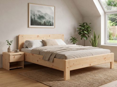 Zirbenbett „Cloe“ in 180 x 200 cm mit 2 Nachttischen - Griff: Griffleiste B und Stoffkopfteil - Stoff: Schafschurwolle „Loden“ in der Farbe Nebelgrau