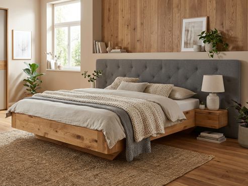 Wildeichenbett „Clarissa" mit Polsterkopfteil „Michael" geknöpft, 290 cm, Fischgrät in Grauer Mohn