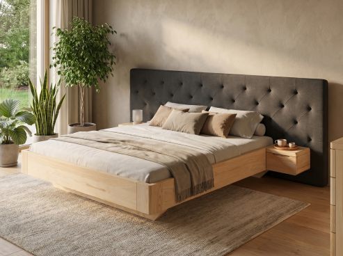 Eschenbett „Clarissa" mit Polsterkopfteil „Michael" geknöpft, 290 cm, Loden in Anthrazit