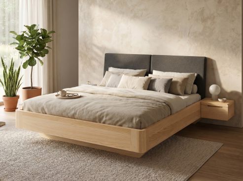Eschenbett „Cloe“ in 180 x 200 cm mit 2 Nachttischen mit Griffleiste B und Stoffkopfteil - Stoff: Schafschurwolle „Loden“ in der Farbe Anthrazit