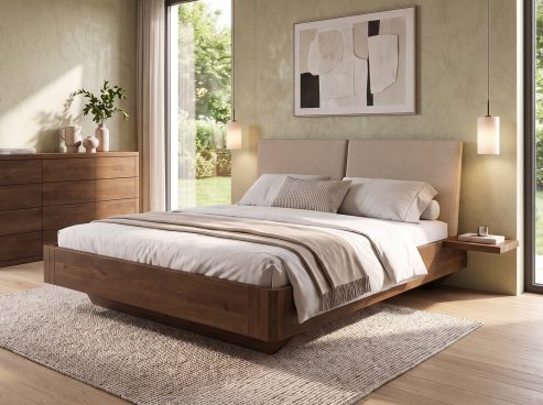 Buchenbett Dunkel „Cloe“ in 180 x 200 cm mit 2 Ablagen und Stoffkopfteil - Stoff: Schafschurwolle „Fischgrät“ in der Farbe Holunderblüte
