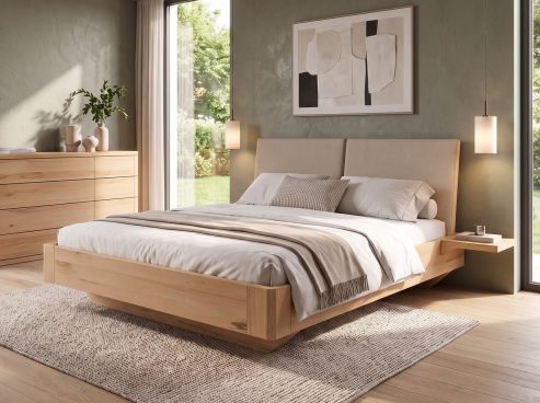 Buchenbett „Cloe“ in 180 x 200 cm mit 2 Ablagen und Stoffkopfteil - Stoff: Schafschurwolle „Fischgrät“ in der Farbe Holunderblüte