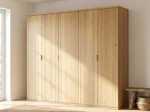 Eichenschrank Hell „Egon“, 5-türig, Höhe 220 cm, Griffausführung „Heidi“