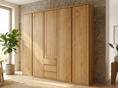 Eichenschrank „Egon“, 5-türig, Höhe 220 cm, Griffausführung „Patrizia“, Inneneinrichtung: E