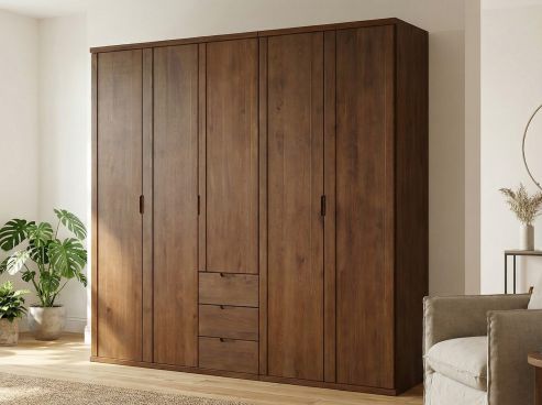 Buchenschrank Dunkel „Egon“, 5-türig, Höhe 220 cm, Griffausführung „Lukas“, Inneneinrichtung: E