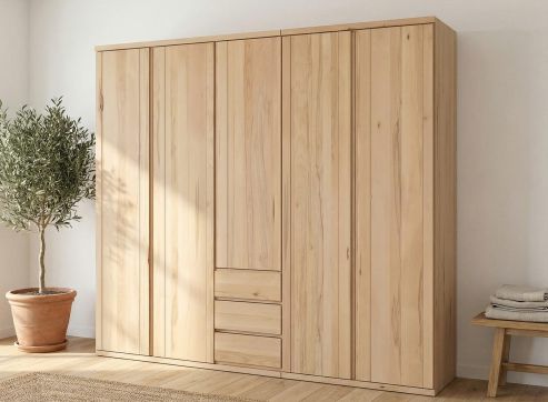 Buchenschrank „Egon“, 5-türig, Höhe 220 cm, Griffausführung „Patrizia“, Inneneinrichtung: E