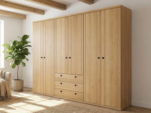 Eichenschrank Hell „Egon“, 6-türig, Höhe 220 cm, Griffausführung „Heidi“, Inneneinrichtung: D