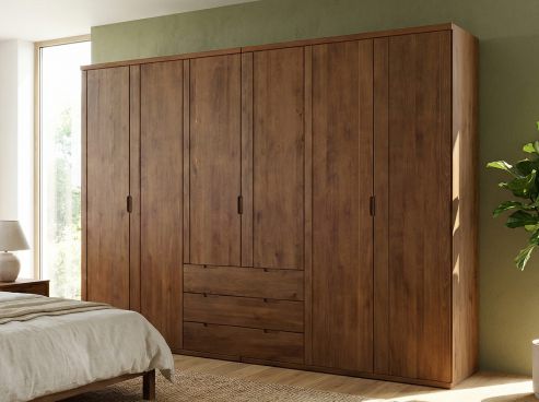 Buchenschrank Dunkel „Egon“, 6-türig, Höhe 220 cm, Griffausführung „Lukas“, Inneneinrichtung: D