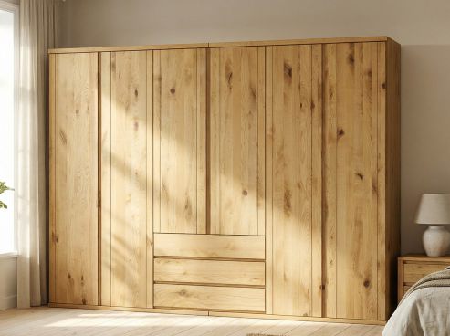 Wildeichenschrank „Egon“, 6-türig, Höhe 220 cm, Griffausführung „Patrizia“, Inneneinrichtung: D