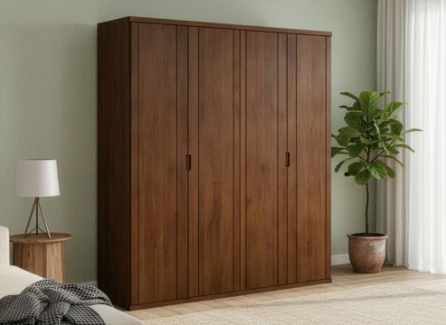 Buchenschrank Dunkel „Egon“, 4-türig, Höhe 220 cm, Griffausführung „Lukas“, Inneneinrichtung: A