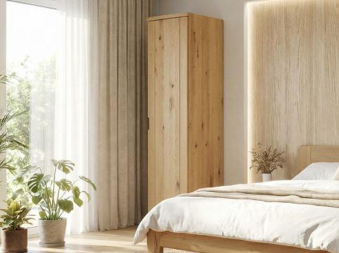 Wildeichenschrank Hell „Egon“, 1-türig, Höhe 220 cm, Griffausführung „Lukas“, Türanschlag rechts