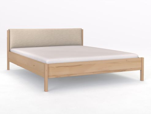 Buchenbett „Flora“ in 180 x 200 cm, mit Stoffkopfteil - Stoff: Schafschurwolle „Fischgrät“ in der Farbe Holunderblüte