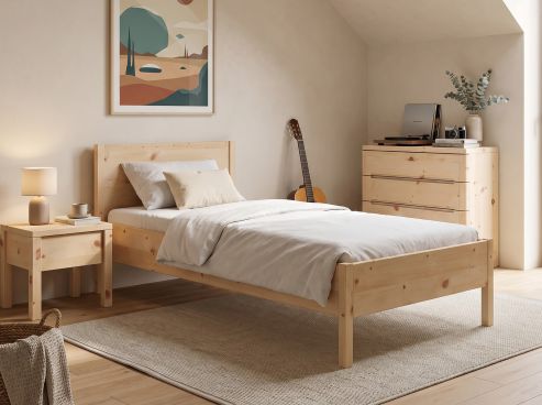 Kinder- & Jugendbett „Flora“ Zirbe in 90 x 200 cm - hier mit Nachttisch „Sven“
