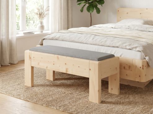 Zirbenbank „Greta“ 120 cm in Komforthöhe, Stoff: Loden in der Farbe Nebelgrau