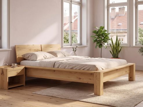 Wildeichenbett Hell „Hanna“ in 180 x 200 cm mit zweigeteiltem Kopfteil
