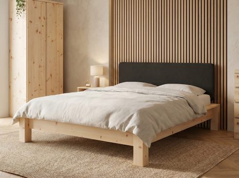 Zirbenbett „Ina" mit Polsterkopfteil „Dennis" glatt, 180 cm, Loden in Anthrazit