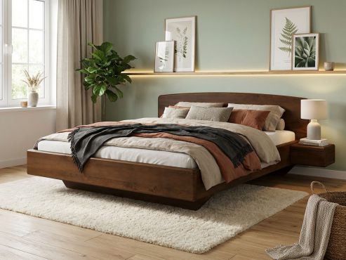 Buchenbett Dunkel „Johanna“ in 180 x 200 cm, mit zwei Nachttischen Griff: Grifflos