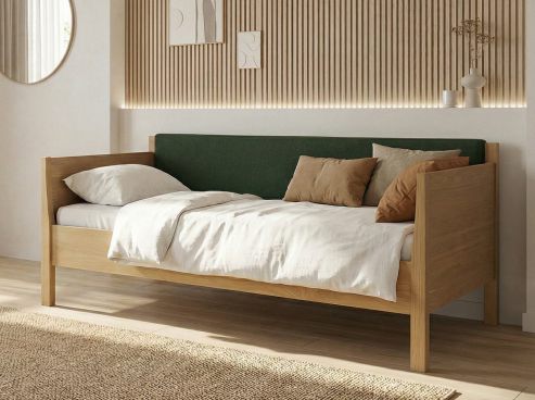 Schlafsofa „Melanie“ aus Eiche Hell 90 x 200 cm - mit zwei Armlehnen und Stoffkopfteil - Stoff: Schafschurwolle „Loden“ in der Farbe Tannenwald