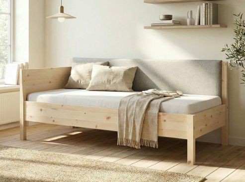 Zirben-Schlafsofa „Melanie“ 90 x 200 cm - mit Armlehne links und Stoffkopfteil - Stoff: Schafschurwolle „Loden“ in der Farbe Nebelgrau