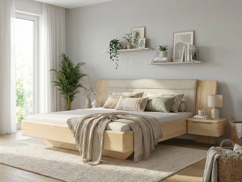 Eschenbett „Nadja“ in 180 x 200 cm, mit zwei Nachttischen (50cm) Griff: Griffleiste B und Stoff: Schafschurwolle „Fischgrät“ in der Farbe Holunderblüte